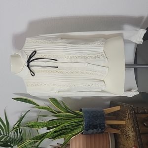 H&M Size 2, XS- White longsleeve blouse with Black Tie Button Up with Lace